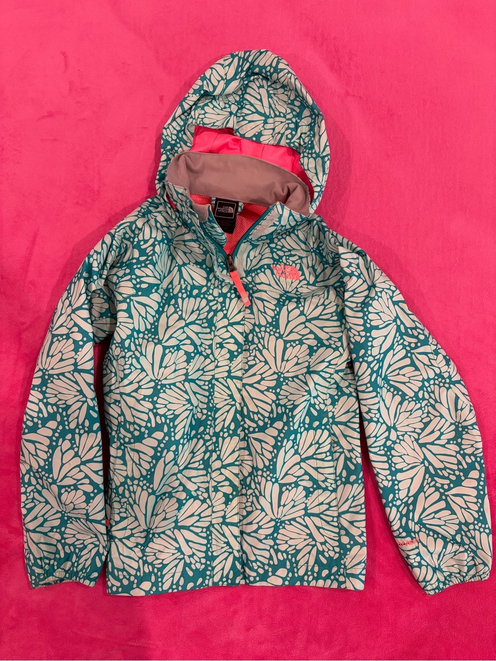 The North Face Teal & White Floral Hooded Rain Jacket with Pink Accents